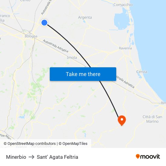 Minerbio to Sant' Agata Feltria map