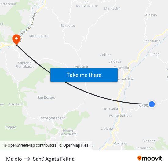 Maiolo to Sant' Agata Feltria map