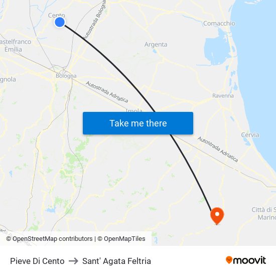 Pieve Di Cento to Sant' Agata Feltria map