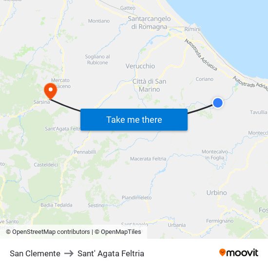 San Clemente to Sant' Agata Feltria map