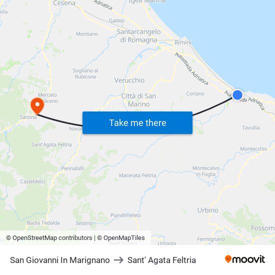 San Giovanni In Marignano to Sant' Agata Feltria map