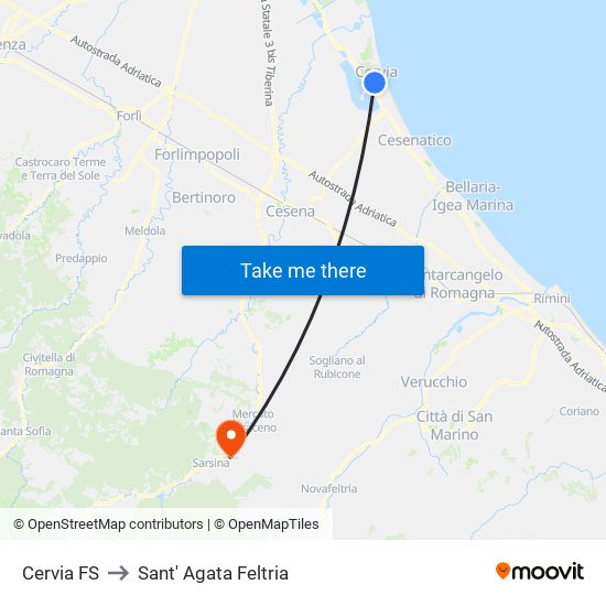 Cervia FS to Sant' Agata Feltria map