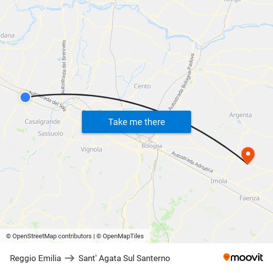 Reggio Emilia to Sant' Agata Sul Santerno map
