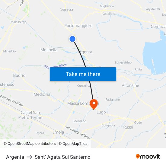 Argenta to Sant' Agata Sul Santerno map