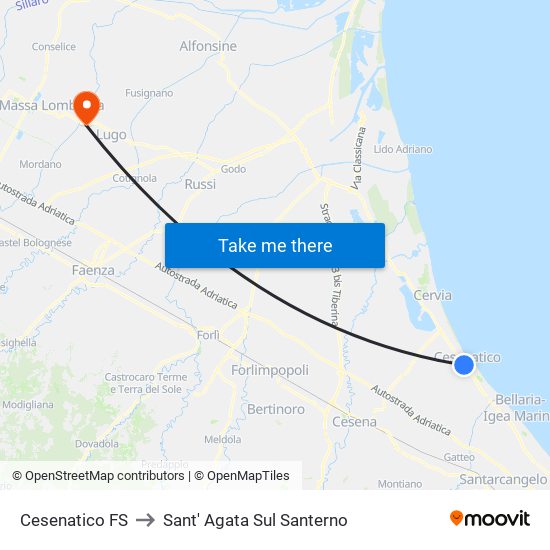 Cesenatico FS to Sant' Agata Sul Santerno map