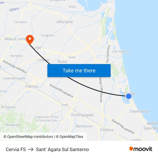 Cervia FS to Sant' Agata Sul Santerno map