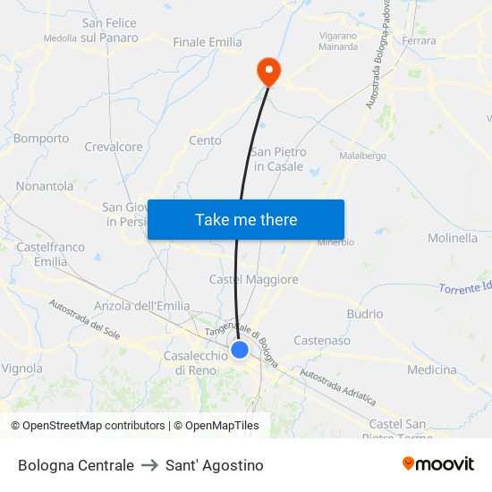 Bologna Centrale to Sant' Agostino map