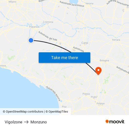 Vigolzone to Monzuno map