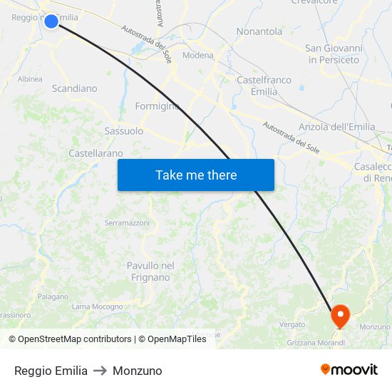 Reggio Emilia to Monzuno map