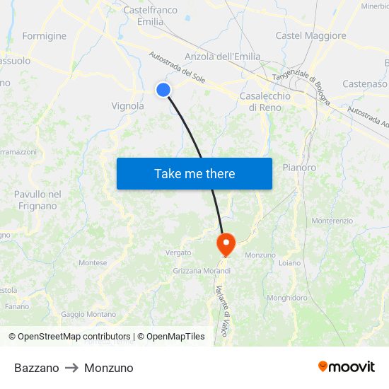 Bazzano to Monzuno map