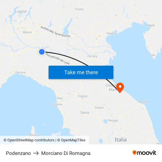 Podenzano to Morciano Di Romagna map