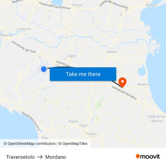Traversetolo to Mordano map