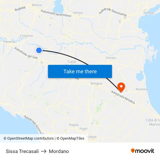Sissa Trecasali to Mordano map
