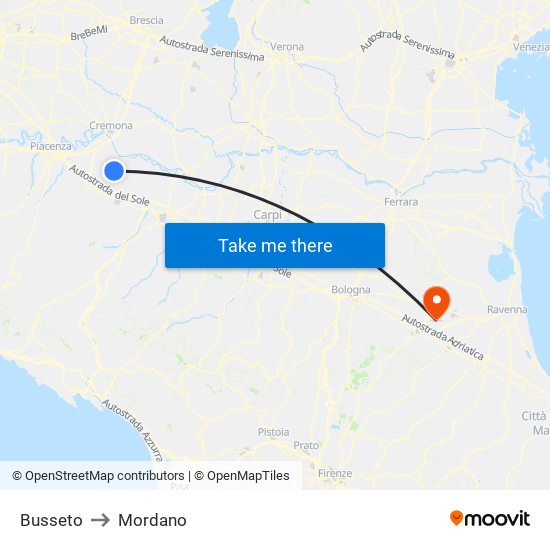 Busseto to Mordano map
