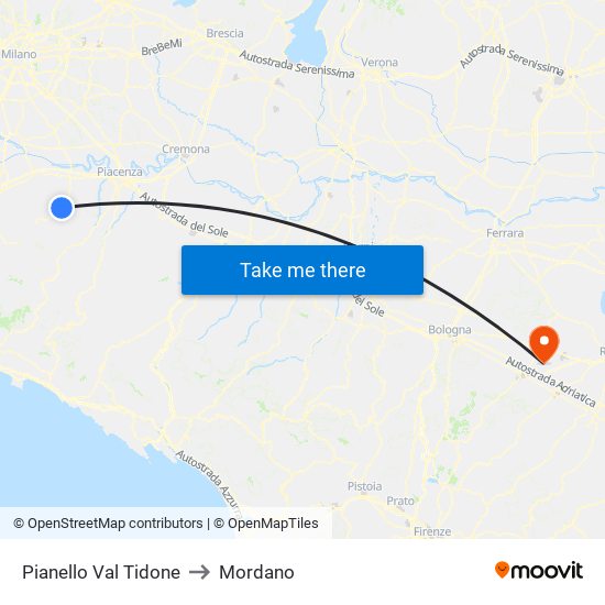 Pianello Val Tidone to Mordano map