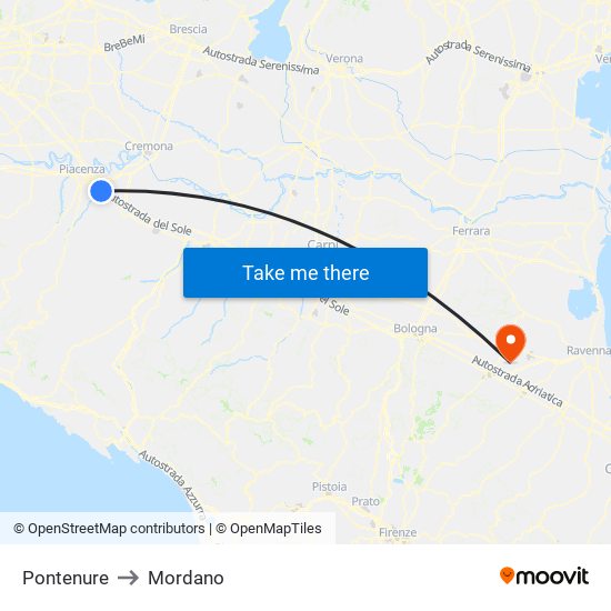 Pontenure to Mordano map