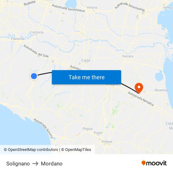 Solignano to Mordano map