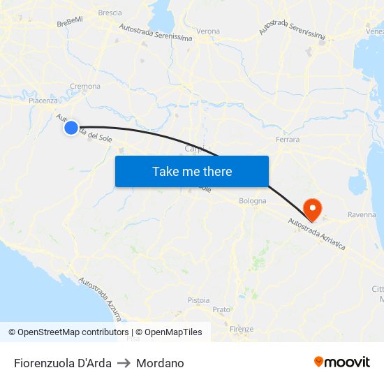 Fiorenzuola D'Arda to Mordano map