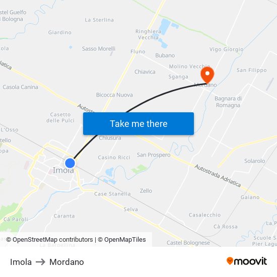 Imola to Mordano map