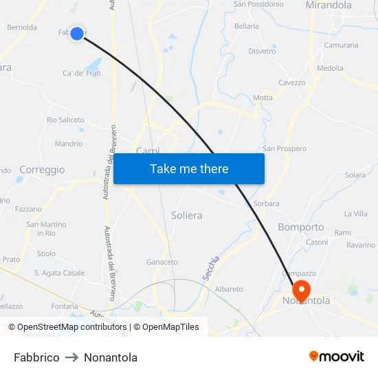 Fabbrico to Nonantola map
