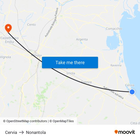 Cervia to Nonantola map