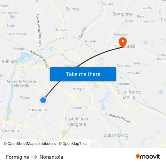 Formigine to Nonantola map