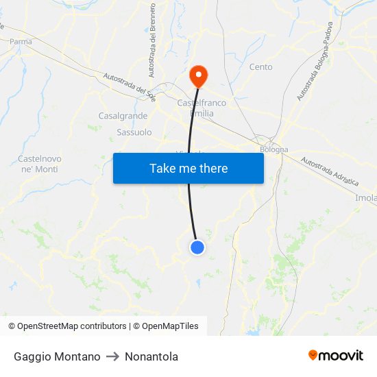 Gaggio Montano to Nonantola map
