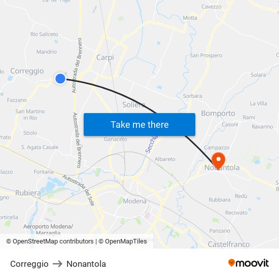 Correggio to Nonantola map