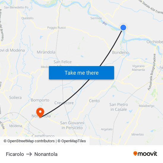 Ficarolo to Nonantola map