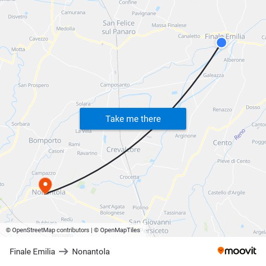 Finale Emilia to Nonantola map