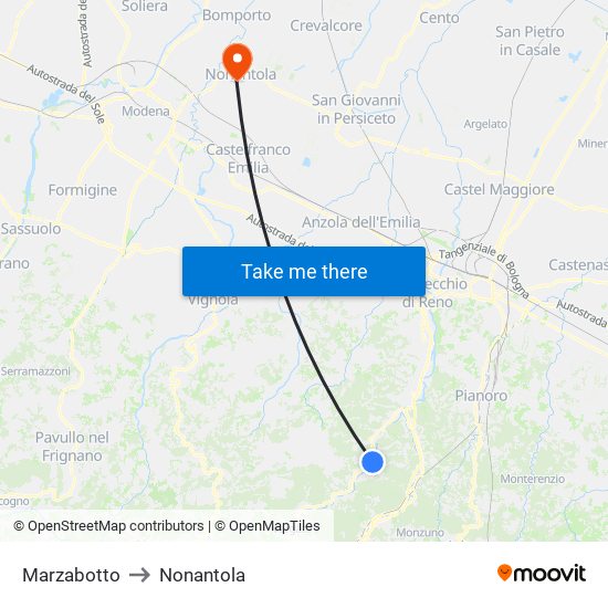 Marzabotto to Nonantola map