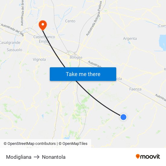 Modigliana to Nonantola map