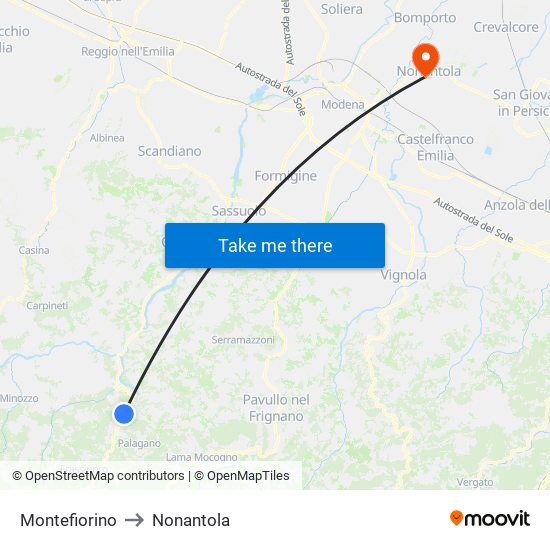 Montefiorino to Nonantola map