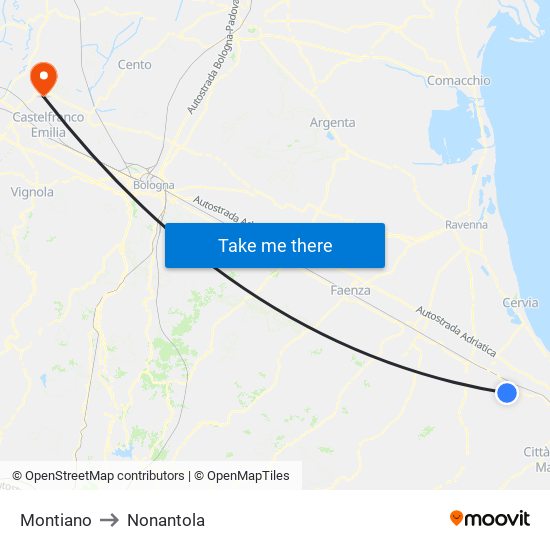 Montiano to Nonantola map