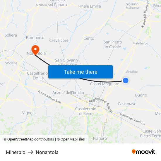Minerbio to Nonantola map