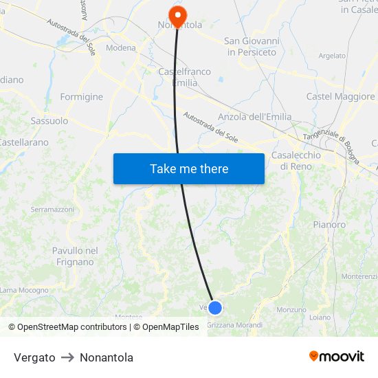 Vergato to Nonantola map