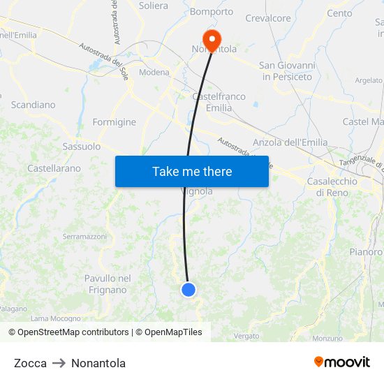 Zocca to Nonantola map