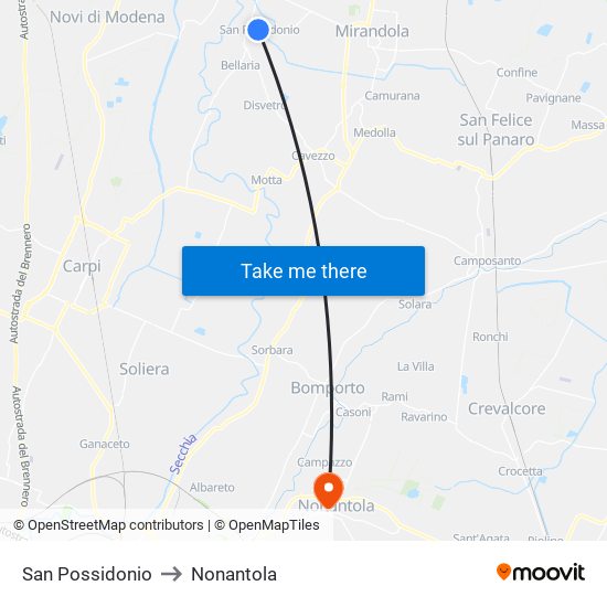 San Possidonio to Nonantola map