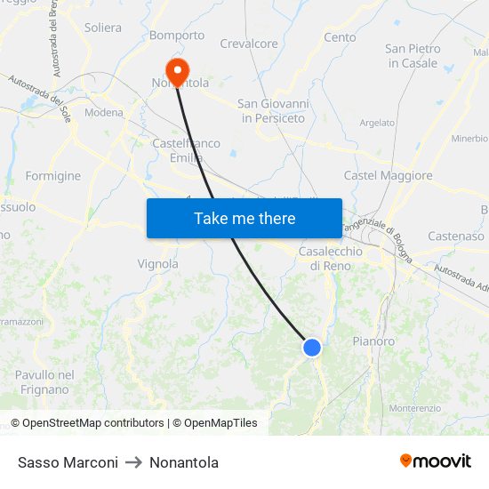 Sasso Marconi to Nonantola map