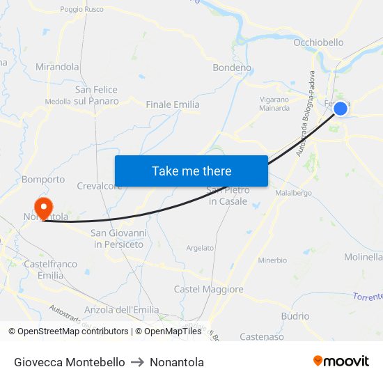 Giovecca Montebello to Nonantola map