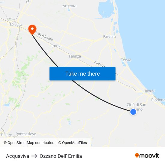 Acquaviva to Ozzano Dell' Emilia map