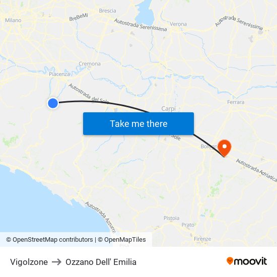 Vigolzone to Ozzano Dell' Emilia map