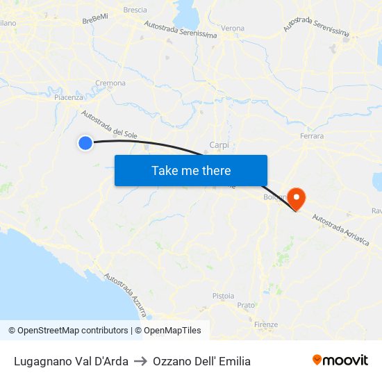 Lugagnano Val D'Arda to Ozzano Dell' Emilia map