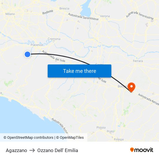 Agazzano to Ozzano Dell' Emilia map