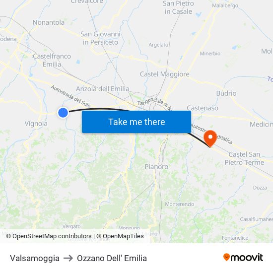Valsamoggia to Ozzano Dell' Emilia map