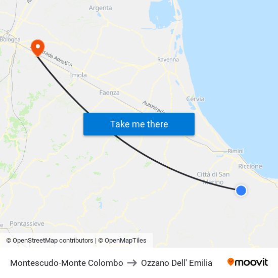 Montescudo-Monte Colombo to Ozzano Dell' Emilia map