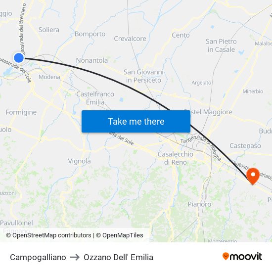 Campogalliano to Ozzano Dell' Emilia map