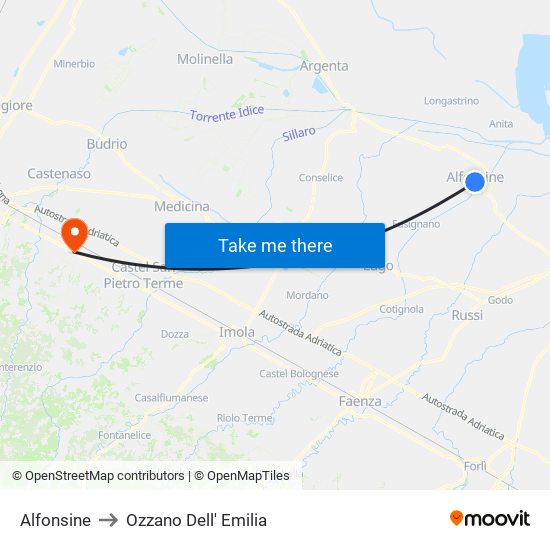 Alfonsine to Ozzano Dell' Emilia map