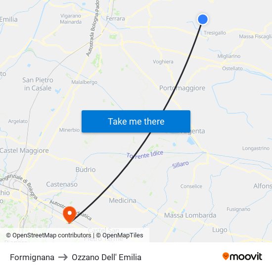 Formignana to Ozzano Dell' Emilia map