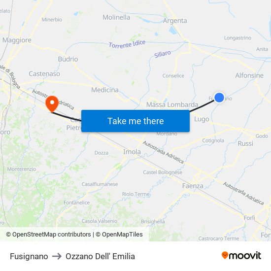 Fusignano to Ozzano Dell' Emilia map